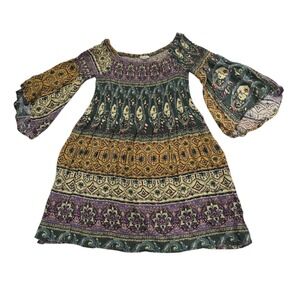 La Miel Mini Dress Womens‎ S Multicolor Rayon Boho Bell Sleeve Smocked Medallion